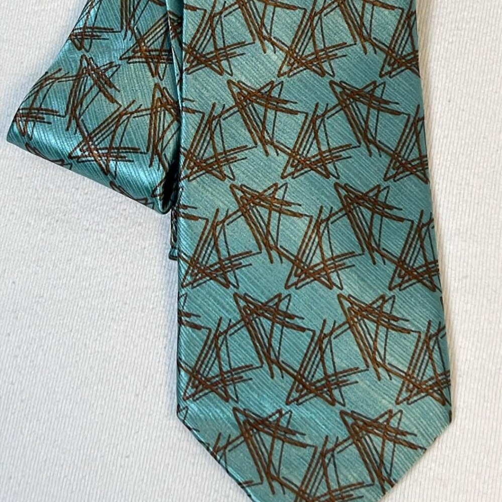 Jhane‎ Barnes Aqua Brown Abstract Tie Silk MCM Atomic Pattern Designer GQ CEO